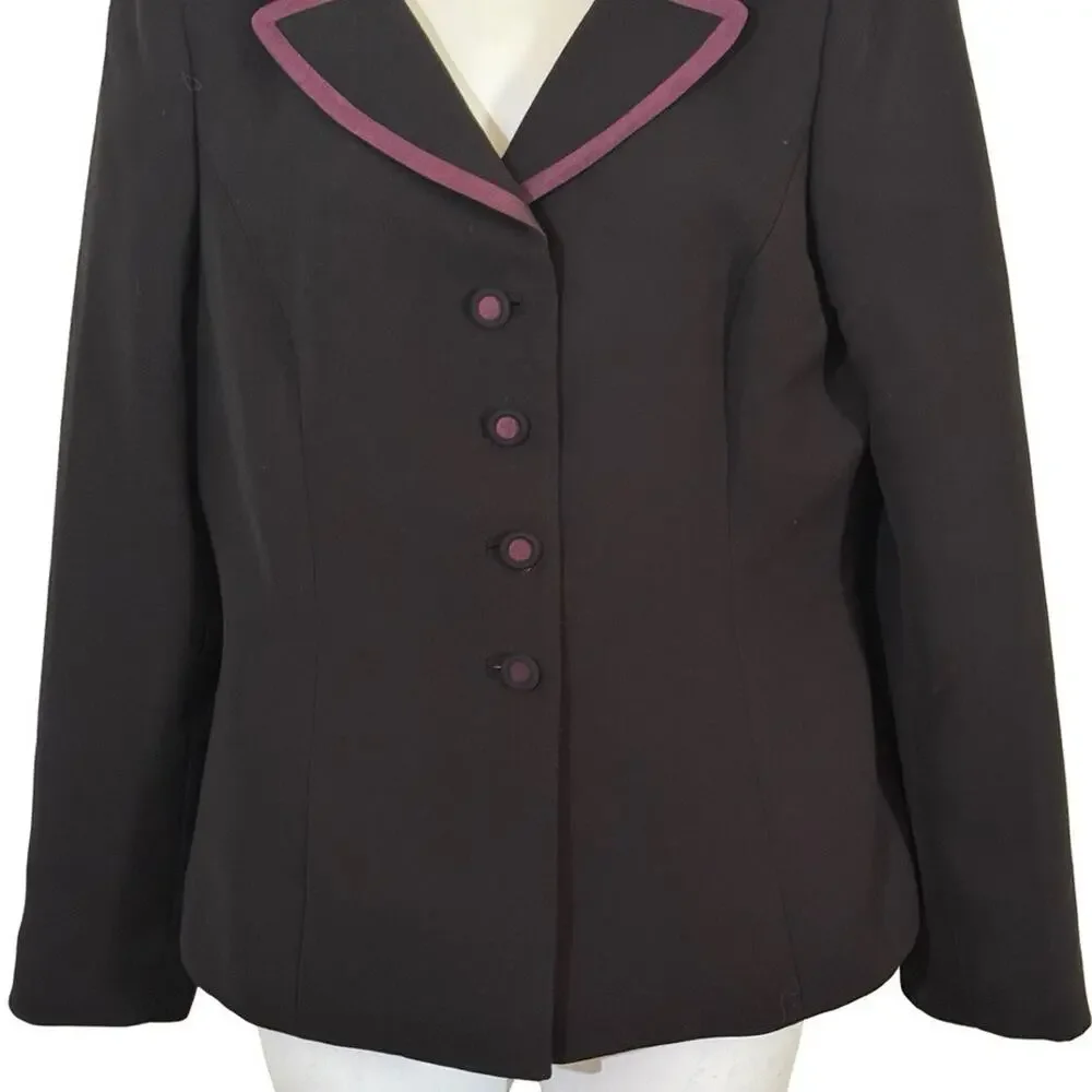 Kasper Black Plum Trim Career Skirt & Suit Jacket Blazer Lined 2 Piece Set sz 8